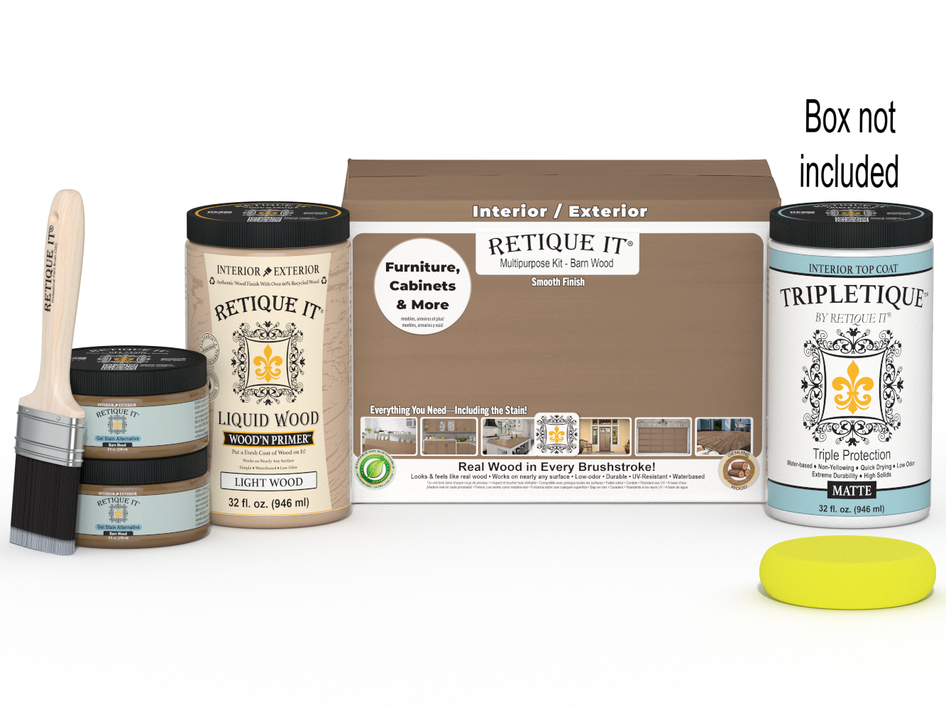 Large Barn Wood Multi-purpose Smooth Finish Kit by Retique It®, includes top coat and application tools for interior wood projects.