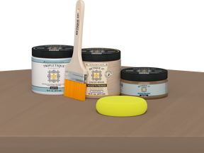 Retique It® Multi-purpose Smooth Finish Kit in barn wood for interior use, featuring matte top coat and wood finishing tools.