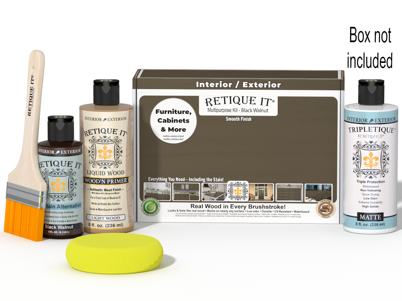 Retique It Black Walnut Kit with box, Matte Tripletique, Light Wood Wood'n Primer, Black Walnut Gel Stain Alternative, paintbrush, and yellow sponge.