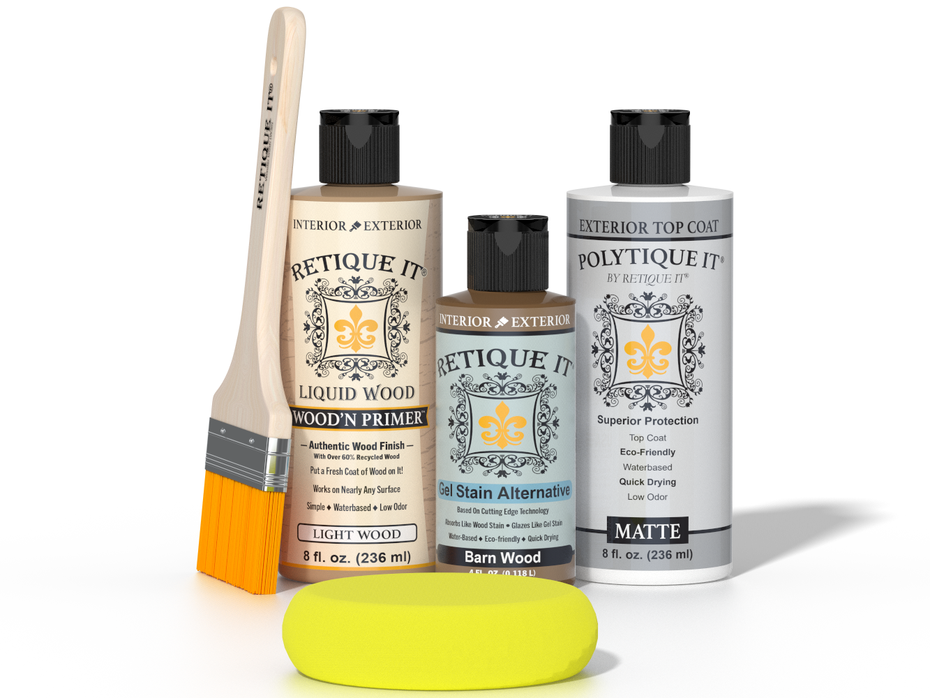 Retique It Barn Wood Kit with Light Wood Wood'n Primer, Barn Wood Gel Stain Alternative, Matte Polytique It topcoat, paintbrush, and yellow sponge.