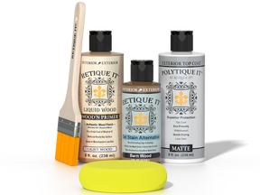 Retique It® Barn Wood kit with brush, Wood’n Primer, Barn Wood stain alternative, matte top coat, and yellow sponge.