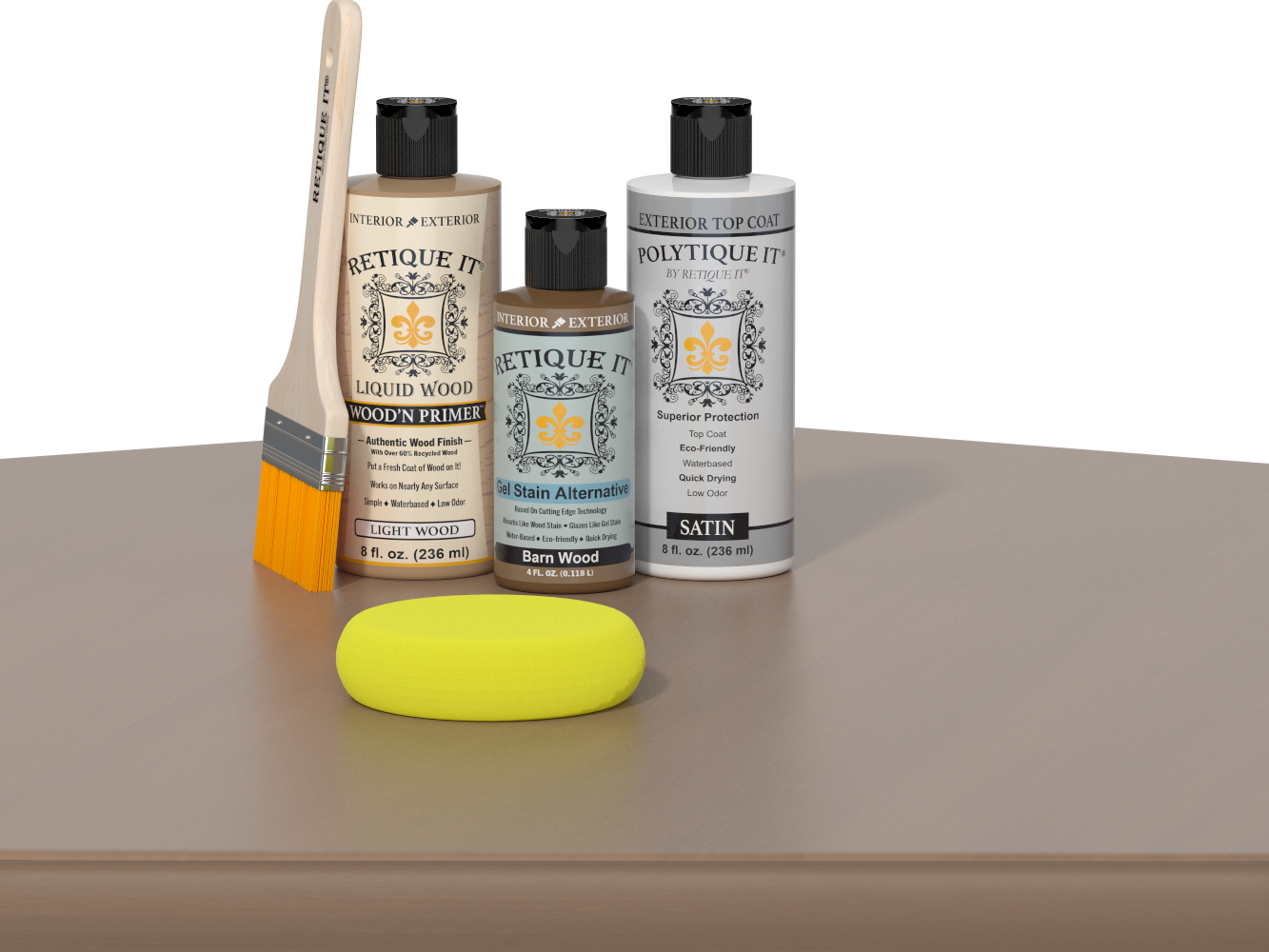 Retique It Barn Wood Kit with Light Wood Wood'n Primer, Barn Wood Gel Stain Alternative, Satin Polytique It topcoat, paintbrush, and yellow sponge on a tabletop.