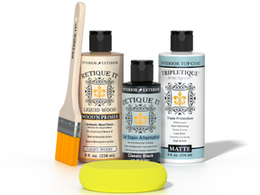 Retique It® Light Wood Wood’n Primer, Classic Black Gel Stain Alternative, matte topcoat, brush, and yellow sponge.