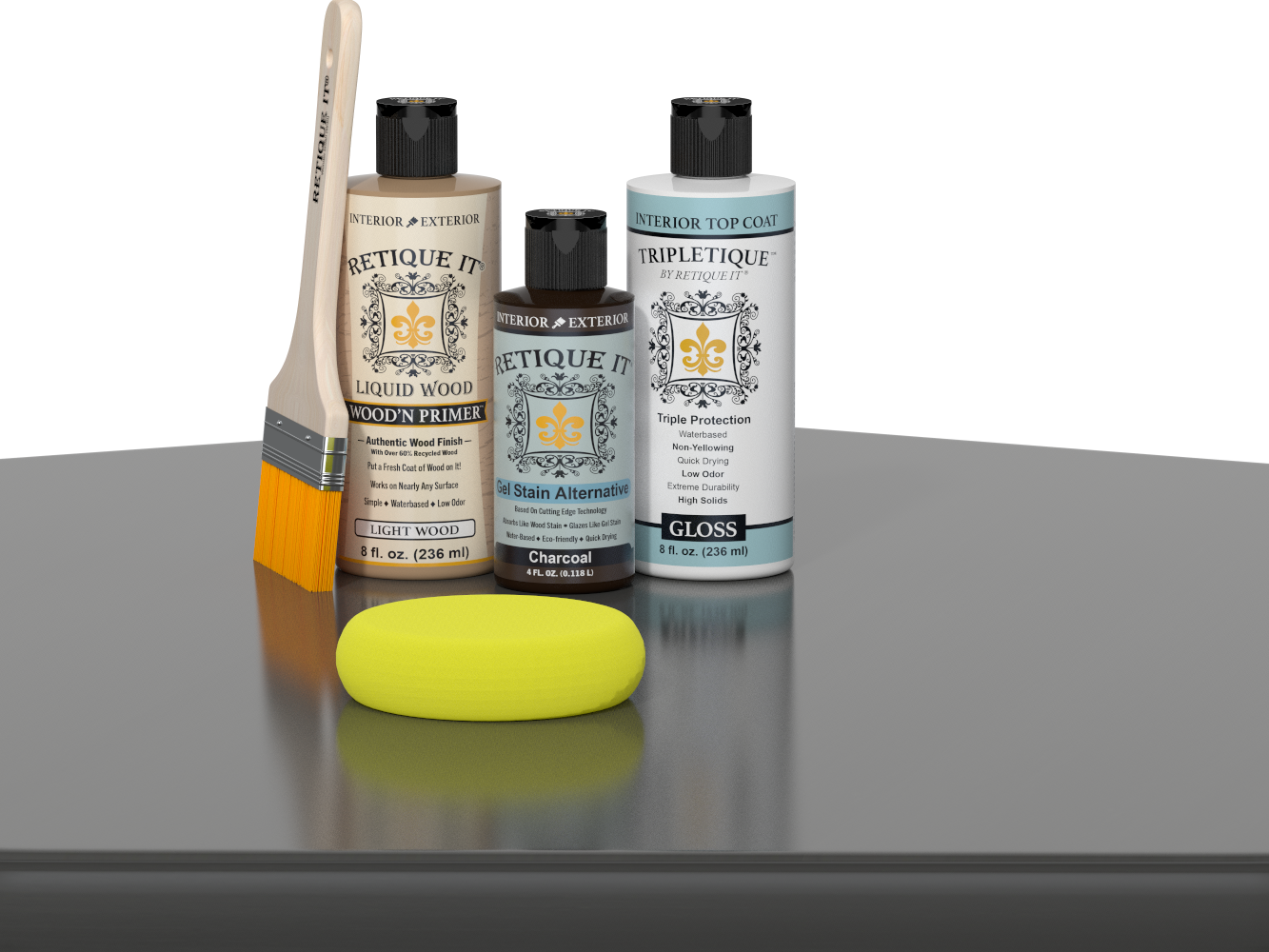 Retique It® Light Wood Wood’n Primer with Charcoal Gel Stain Alternative, gloss topcoat, brush, and yellow sponge on a reflective tabletop.