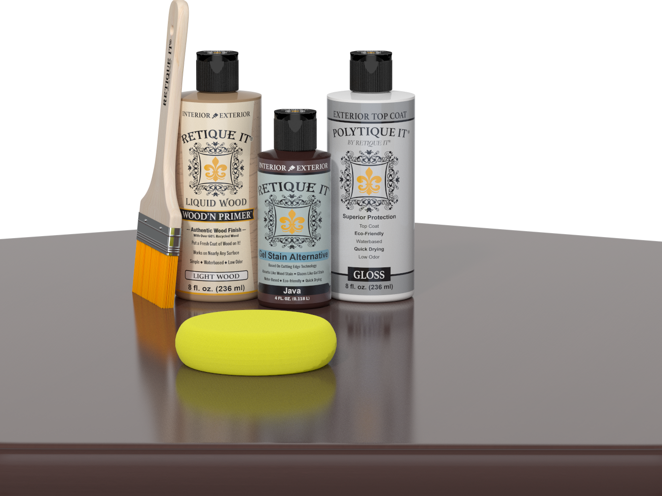 Retique It® Light Wood Wood’n Primer with Java Gel Stain Alternative, gloss topcoat, brush, and yellow sponge on a reflective tabletop.