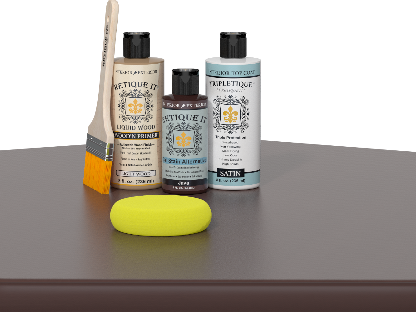 Retique It® Light Wood Wood’n Primer with Java Gel Stain Alternative, satin topcoat, brush, and yellow sponge on a tabletop.