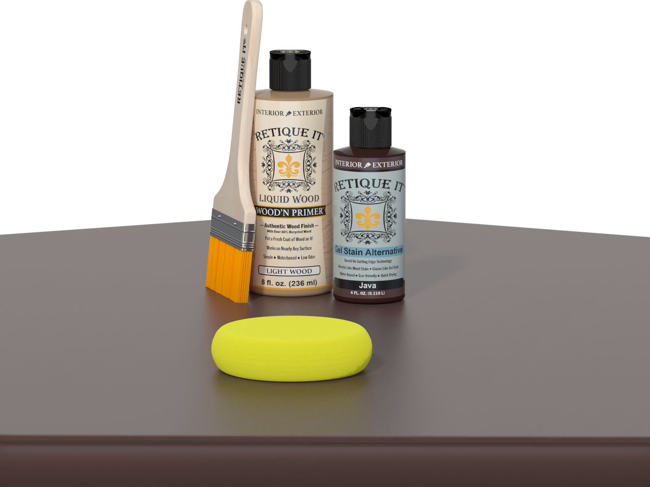 Retique It® Java Kit with Light Wood’n Primer, Java Gel Stain Alternative, paintbrush, and yellow sponge on a dark wood tabletop.