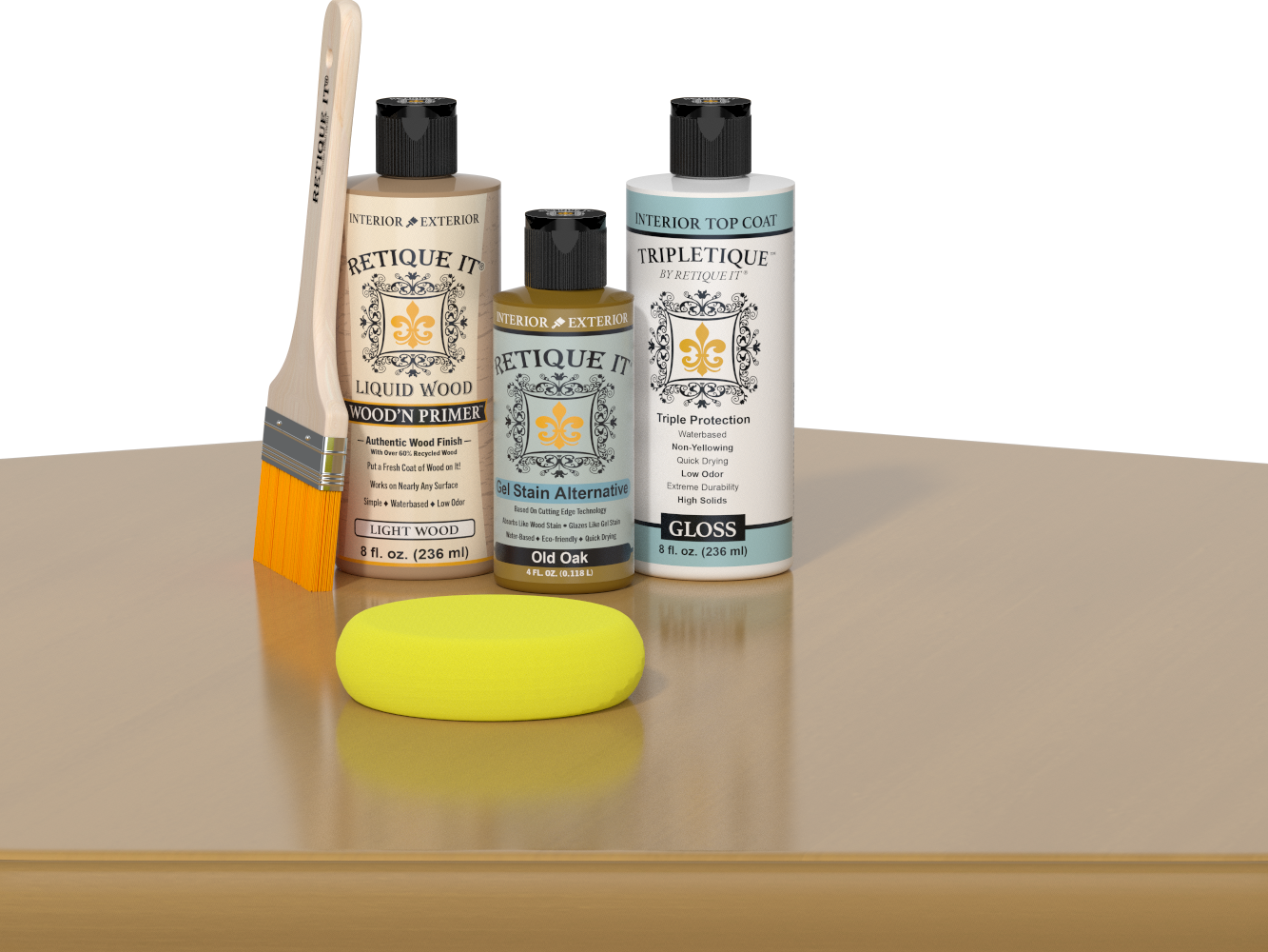 Retique It® Light Wood Wood’n Primer with Old Oak Gel Stain Alternative, gloss topcoat, brush, and yellow sponge on a tabletop.