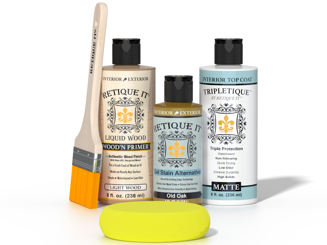 Retique It® Light Wood Wood’n Primer with Old Oak Gel Stain Alternative, matte topcoat, brush, and yellow sponge on a tabletop.