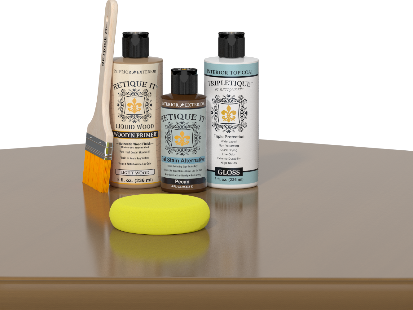 Retique It® Pecan Multipurpose Kit contents with Light Wood Liquid Wood primer, Pecan gel stain alternative, Tripletique gloss interior top coat, paintbrush, and yellow sponge displayed on a wood surface.