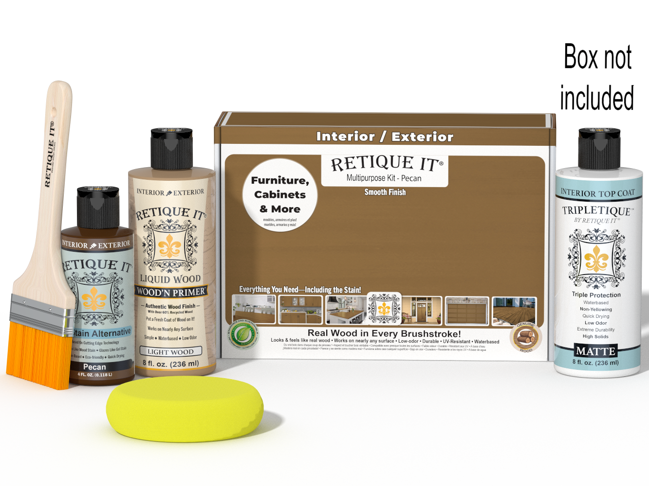 Retique It® Pecan Multipurpose Kit with Light Wood Liquid Wood primer, Pecan gel stain alternative, Tripletique matte interior top coat, paintbrush, and yellow sponge displayed with the product box.