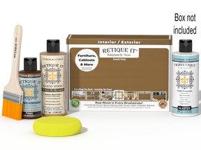 Retique It® Pecan Multipurpose Kit with Light Wood Liquid Wood primer, Pecan gel stain alternative, Tripletique matte interior top coat, paintbrush, and yellow sponge displayed with the product box.