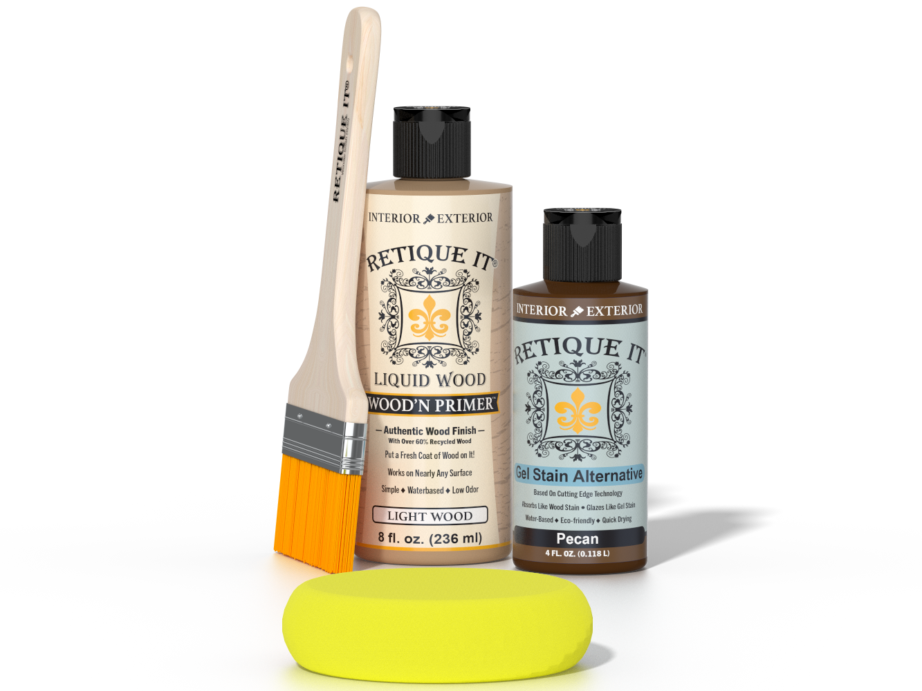 Retique It® Light Wood kit with brush, Wood’n Primer, Pecan stain alternative, and yellow sponge.