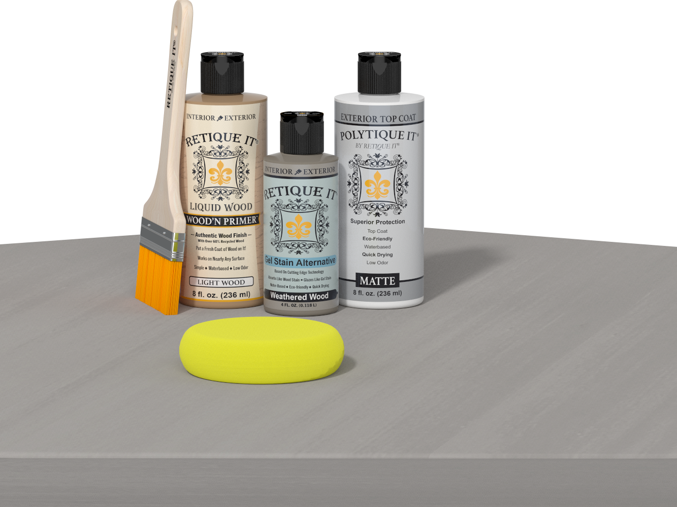 Retique It® Weathered Wood Multipurpose Kit contents with Light Wood Liquid Wood primer, Weathered Wood gel stain alternative, PolyTique It® matte exterior top coat, paintbrush, and yellow sponge displayed on a gray wood surface.