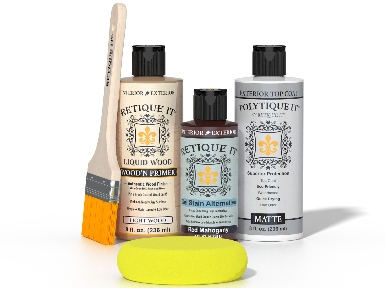 Retique It® Light Wood Wood’n Primer with Red Mahogany Gel Stain Alternative, matte topcoat, brush, and yellow sponge.