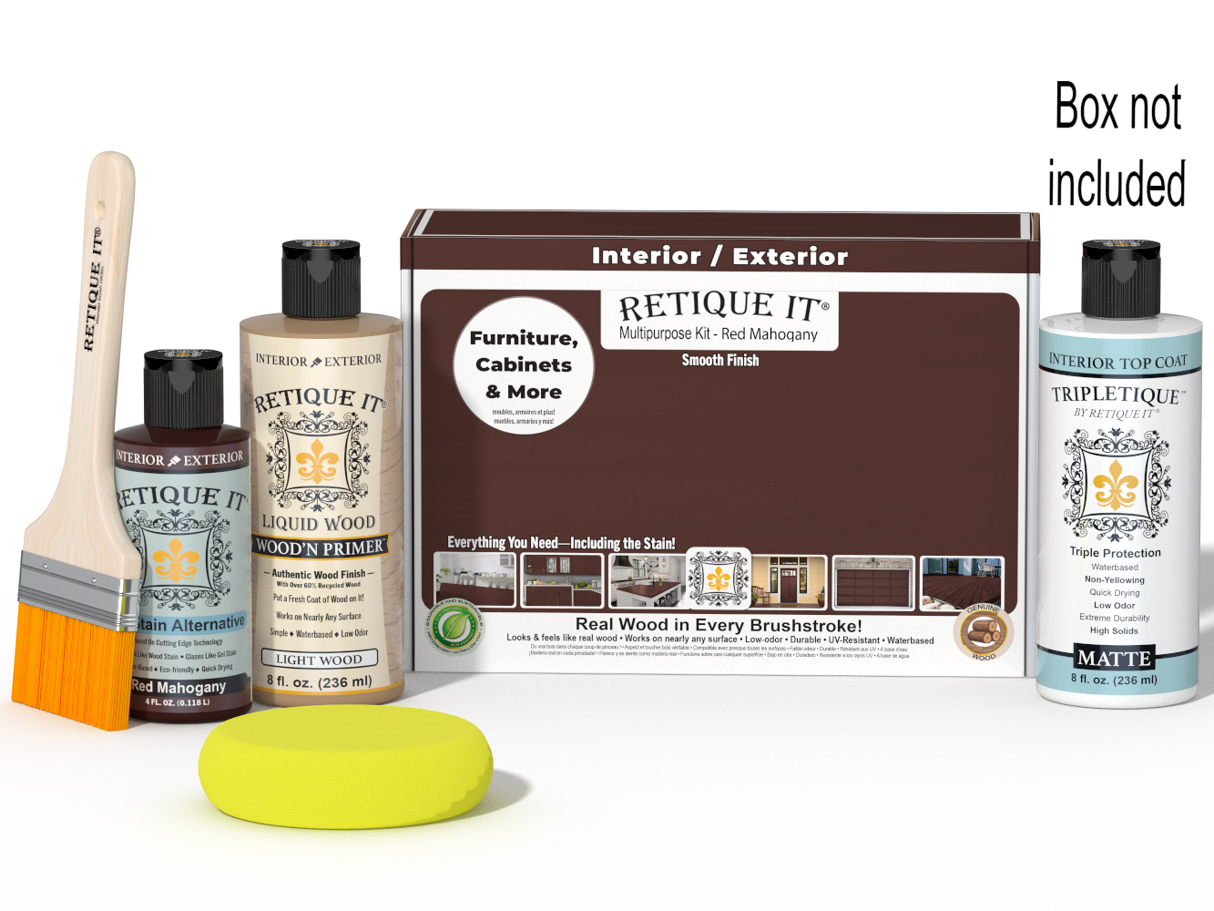 Retique It® Multipurpose Kit - Red Mahogany with primer, stain, matte topcoat, brush, sponge, and red graining tools beside the box.