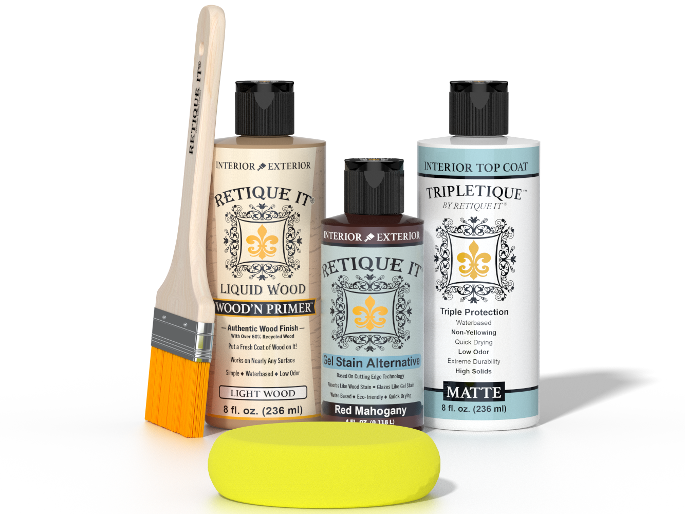 Retique It® Light Wood Wood’n Primer with Red Mahogany Gel Stain Alternative, matte topcoat, brush, and yellow sponge.
