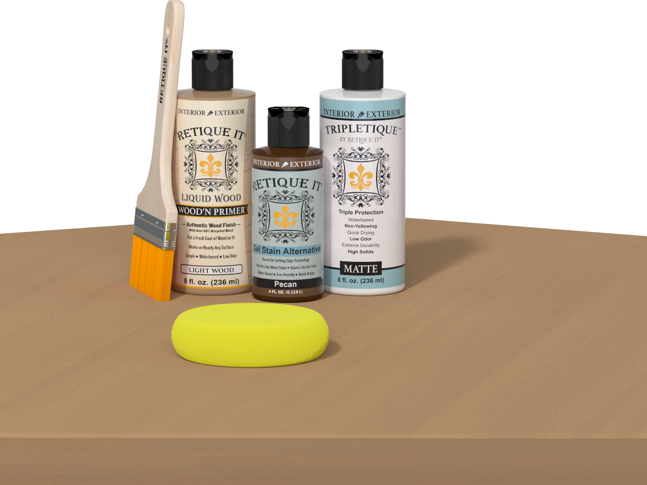 Retique It® Pecan Multipurpose Kit contents with Light Wood Liquid Wood primer, Pecan gel stain alternative, Tripletique matte interior top coat, paintbrush, and yellow sponge displayed on a wood surface.