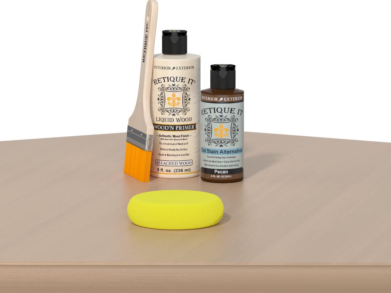 Retique It® Pecan Multipurpose Kit contents with Bleached Wood Liquid Wood primer, Pecan gel stain alternative, paintbrush, and yellow sponge displayed on a light wood surface.