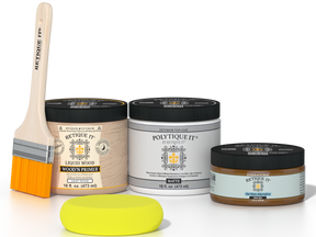 Retique It® Dark Oak Multipurpose Kit contents with Liquid Wood primer, Dark Oak gel stain alternative, PolyTique It® matte exterior top coat, paintbrush, and yellow sponge.
