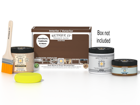 Retique It® Dark Oak Multipurpose Kit with Liquid Wood primer, Dark Oak gel stain alternative, PolyTique It® matte exterior top coat, paintbrush, and yellow sponge displayed with the product box.