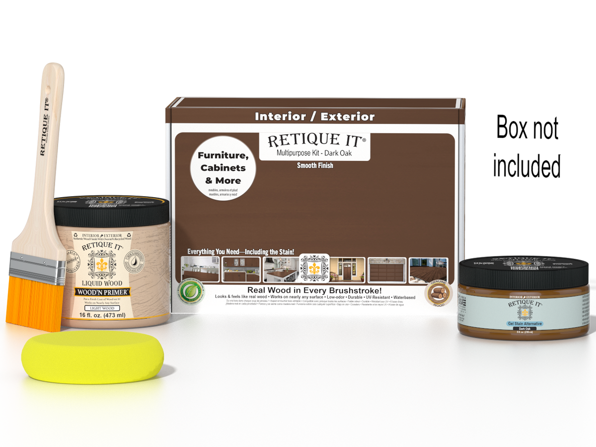 Retique It® Dark Oak Multipurpose Kit with Liquid Wood primer, Dark Oak gel stain alternative, paintbrush, and yellow sponge displayed with the product box.