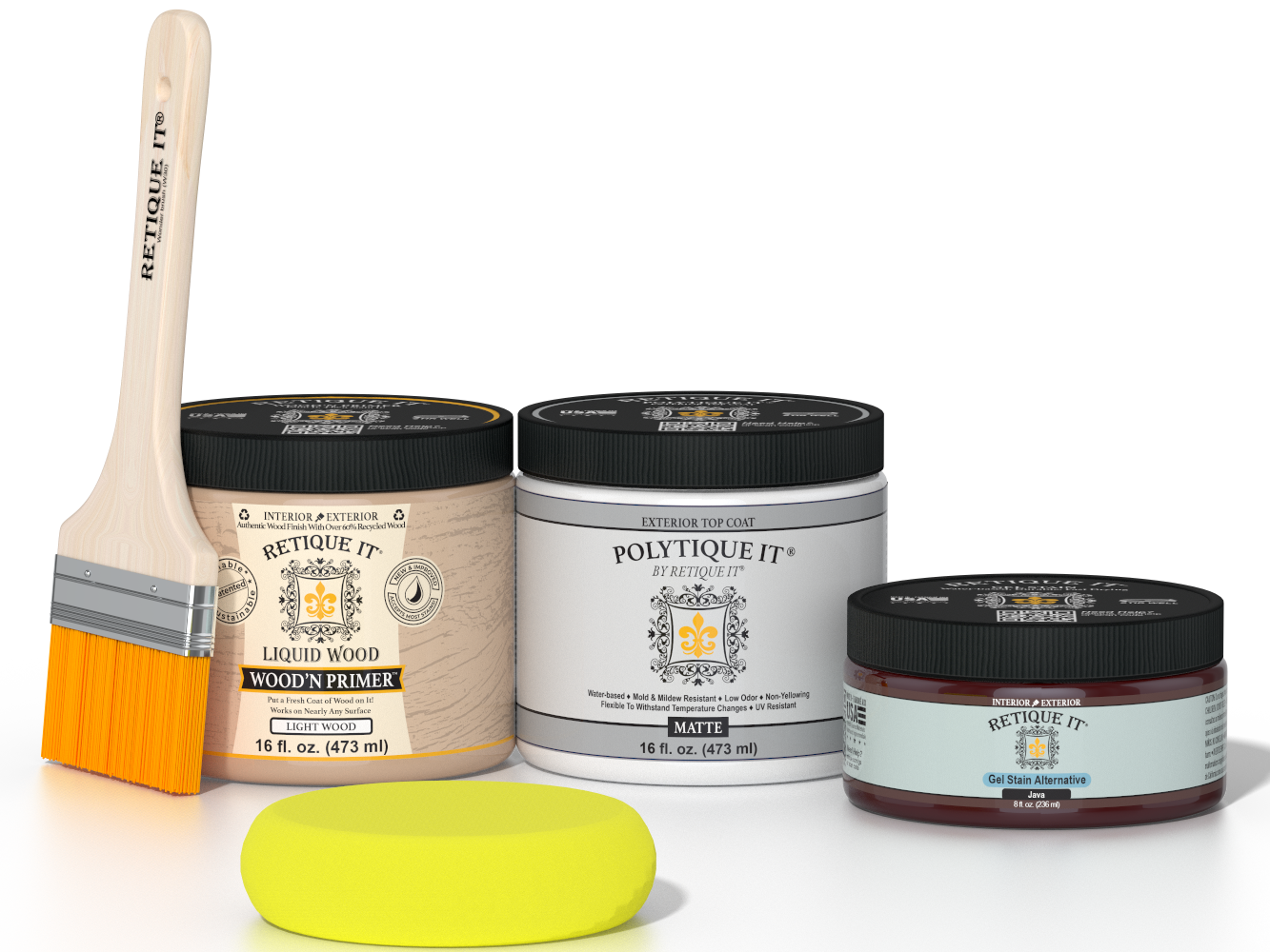 Retique It® Java Multipurpose Kit contents with Liquid Wood primer, Java gel stain alternative, PolyTique It® matte exterior top coat, paintbrush, and yellow sponge.