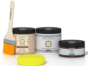 Retique It® Java Multipurpose Kit contents with Liquid Wood primer, Java gel stain alternative, PolyTique It® matte exterior top coat, paintbrush, and yellow sponge.