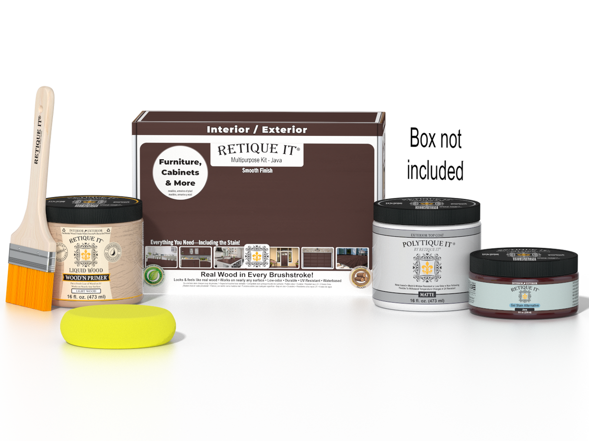 Retique It® Java Multipurpose Kit with Liquid Wood primer, Java gel stain alternative, PolyTique It® matte exterior top coat, paintbrush, and yellow sponge displayed with the product box.