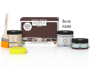 Retique It® Java Multipurpose Kit with Liquid Wood primer, Java gel stain alternative, PolyTique It® matte exterior top coat, paintbrush, and yellow sponge displayed with the product box.