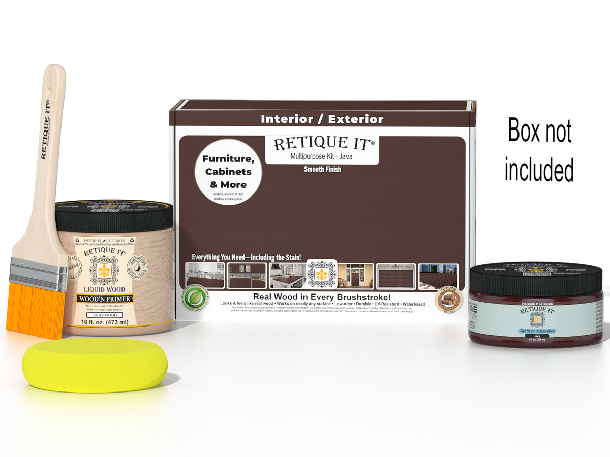 Retique It® Java Multipurpose Kit with Liquid Wood primer, Java gel stain alternative, paintbrush, and yellow sponge displayed with the product box.