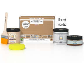 Retique It® Pecan Multipurpose Kit with Light Wood Liquid Wood primer, Pecan gel stain alternative, PolyTique It® matte exterior top coat, paintbrush, and yellow sponge displayed with the product box.