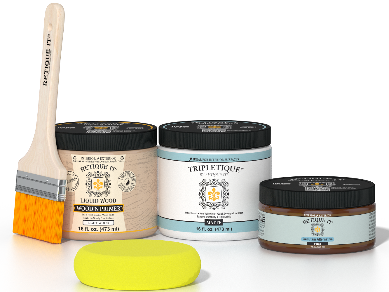 Retique It® Pecan Multipurpose Kit contents with Light Wood Liquid Wood primer, Pecan gel stain alternative, Tripletique matte interior top coat, paintbrush, and yellow sponge.