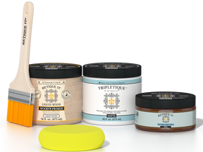Retique It® Pecan Multipurpose Kit contents with Light Wood Liquid Wood primer, Pecan gel stain alternative, Tripletique matte interior top coat, paintbrush, and yellow sponge.