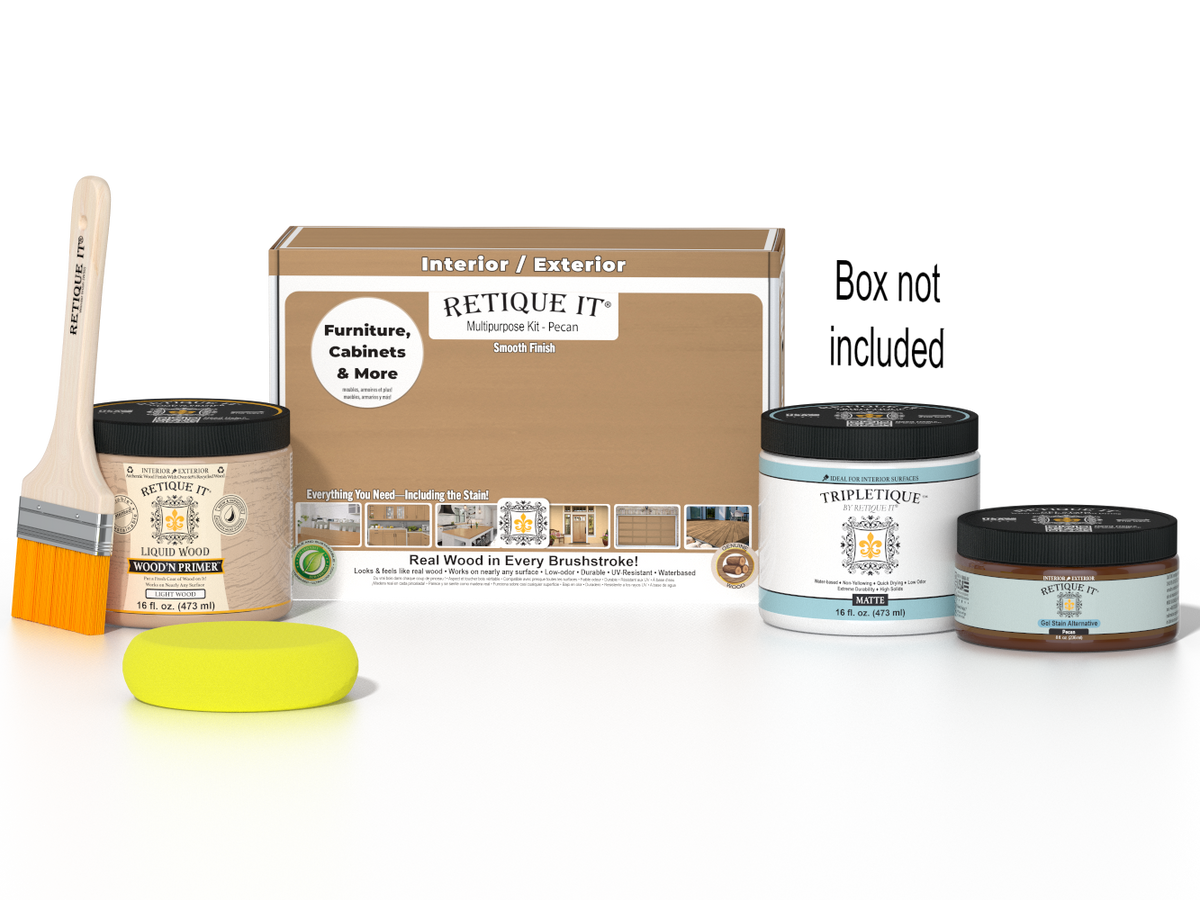 Retique It® Pecan Multipurpose Kit with Light Wood Liquid Wood primer, Pecan gel stain alternative, Tripletique matte interior top coat, paintbrush, and yellow sponge displayed with the product box.