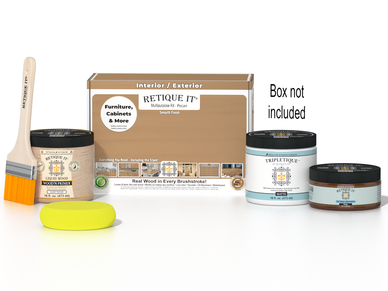 Retique It® Pecan Multipurpose Kit with Light Wood Liquid Wood primer, Pecan gel stain alternative, Tripletique matte interior top coat, paintbrush, and yellow sponge displayed with the product box.