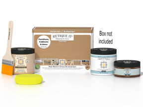 Retique It® Pecan Multipurpose Kit with Light Wood Liquid Wood primer, Pecan gel stain alternative, Tripletique matte interior top coat, paintbrush, and yellow sponge displayed with the product box.