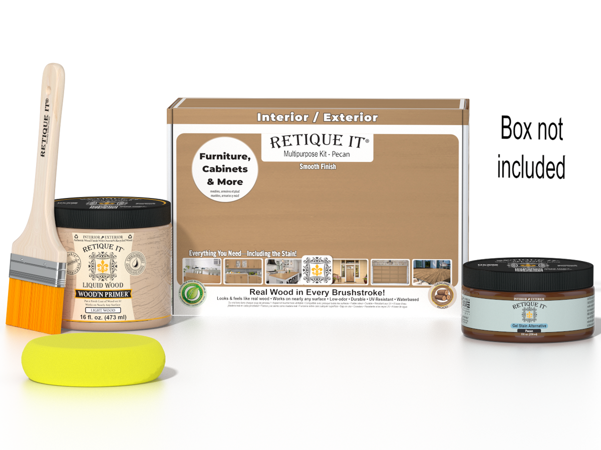 Retique It® Pecan Multipurpose Kit with Light Wood Liquid Wood primer, Pecan gel stain alternative, paintbrush, and yellow sponge displayed with the product box.