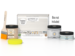 Retique It® White Wash Multipurpose Kit with Liquid Wood primer, White Wash gel stain alternative, PolyTique It® matte exterior top coat, paintbrush, and yellow sponge displayed with the product box.