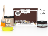 Retique It® Red Mahogany Multipurpose Kit with Liquid Wood primer, Red Mahogany gel stain alternative, paintbrush, and yellow sponge displayed with the product box.