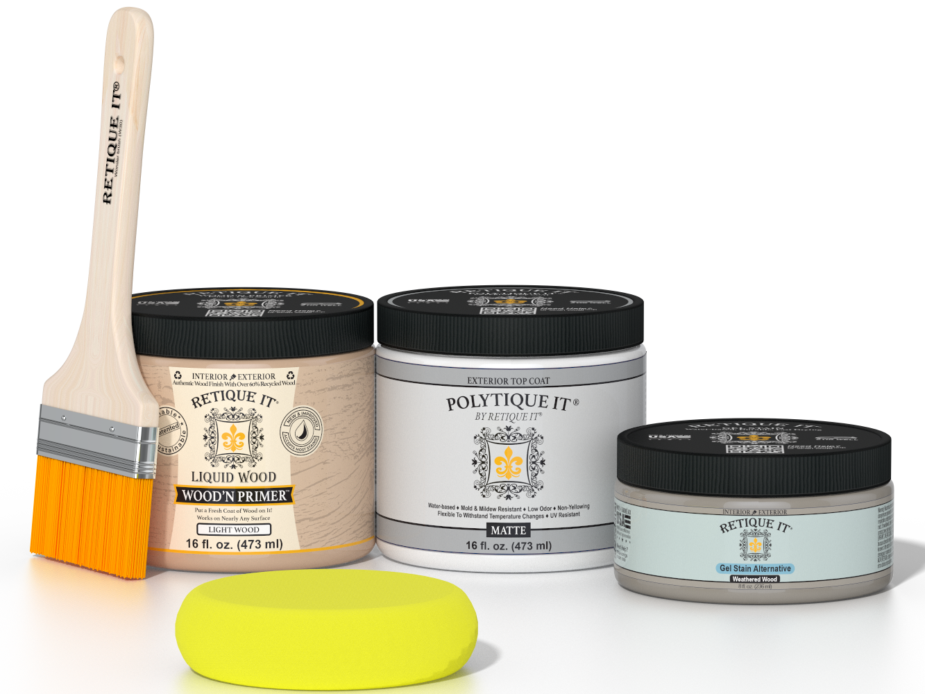 Retique It® Weathered Wood Multipurpose Kit contents with Liquid Wood primer, Weathered Wood gel stain alternative, PolyTique It® matte exterior top coat, paintbrush, and yellow sponge.