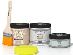 Retique It® Weathered Wood Multipurpose Kit contents with Liquid Wood primer, Weathered Wood gel stain alternative, PolyTique It® matte exterior top coat, paintbrush, and yellow sponge.