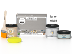 Retique It® Weathered Wood Multipurpose Kit with Liquid Wood primer, Weathered Wood gel stain alternative, PolyTique It® matte exterior top coat, paintbrush, and yellow sponge displayed with the product box.