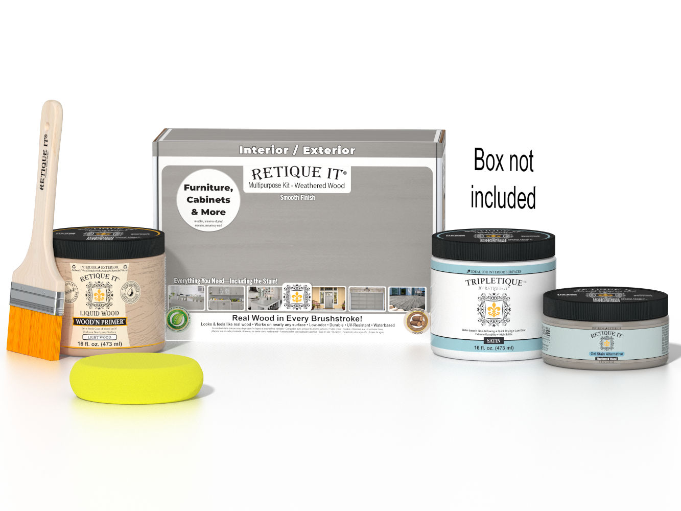 Retique It® Weathered Wood Multipurpose Kit with Liquid Wood primer, Weathered Wood gel stain alternative, Tripletique satin interior top coat, paintbrush, and yellow sponge displayed with the product box.