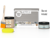 Retique It® Weathered Wood Multipurpose Kit with Liquid Wood primer, Weathered Wood gel stain alternative, paintbrush, and yellow sponge displayed with the product box.
