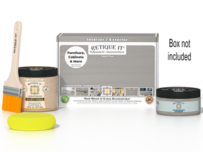 Retique It® Weathered Wood Multipurpose Kit with Liquid Wood primer, Weathered Wood gel stain alternative, paintbrush, and yellow sponge displayed with the product box.