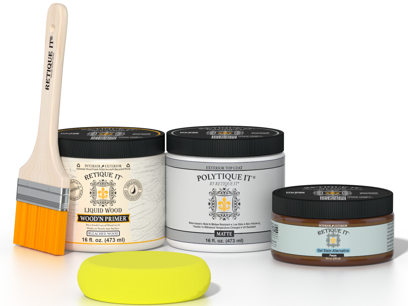 Retique It® White Oak Multipurpose Kit contents with Liquid Wood primer, Pecan gel stain alternative, matte exterior top coat, paintbrush, and yellow sponge.