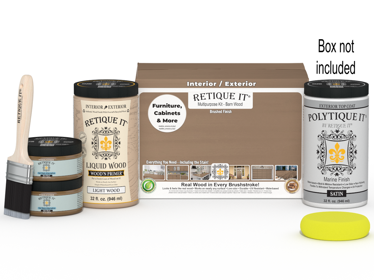 Large Barn Wood Multi-purpose Smooth Finish Kit by Retique It for exterior wood top coating, includes application tools and product box.