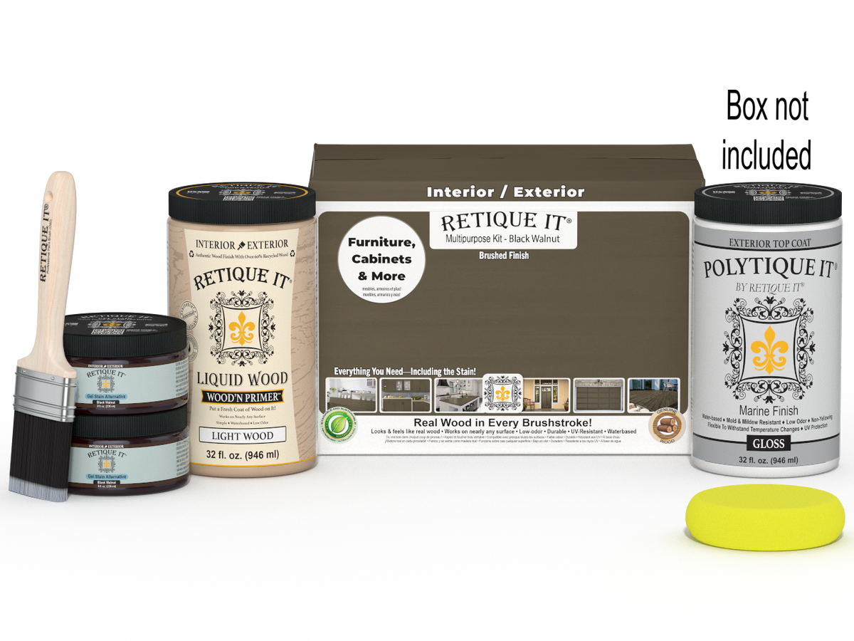 Retique It Multi-purpose Smooth Finish Kit in black walnut for exterior wood, includes top coat and gloss for a sleek finish.