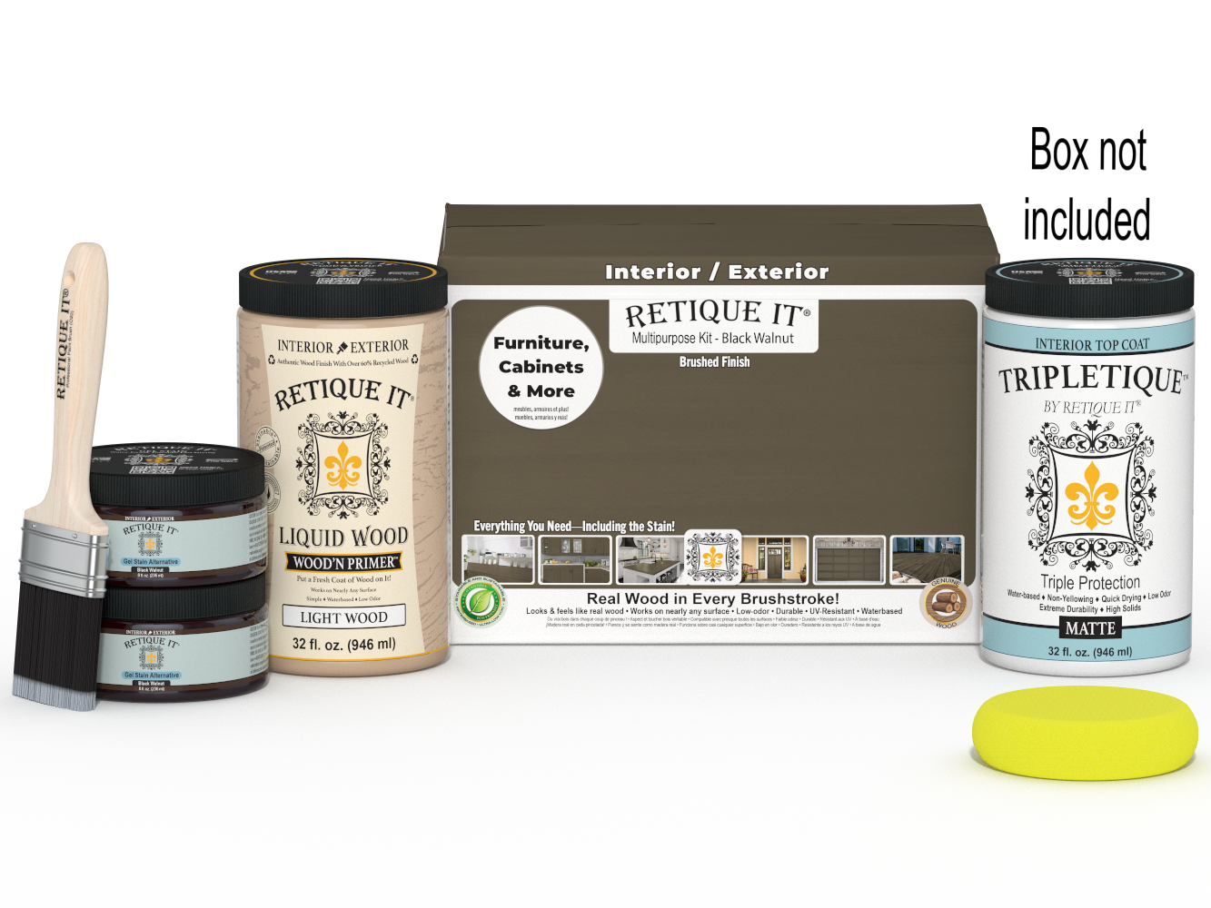 Large black walnut wood finish kit by Retique It® for interior top coats, includes smooth finish products in a sturdy box.